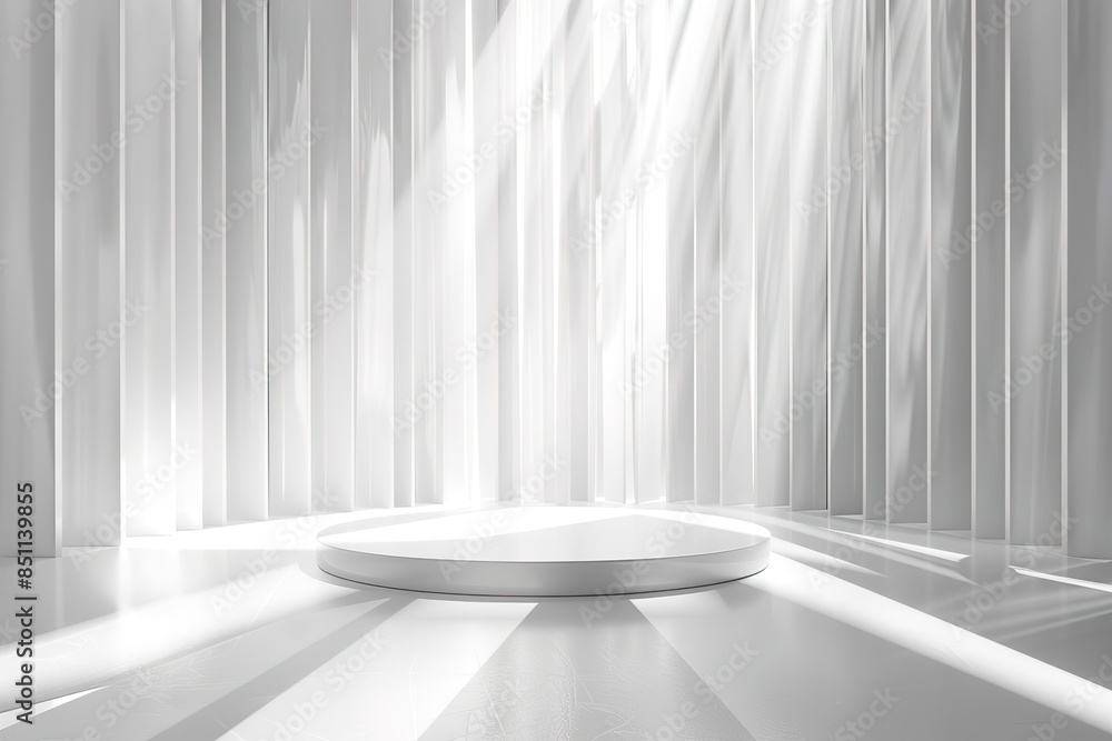 Poster 3d render of white empty stage with abstract background with vertical light rays free space for text