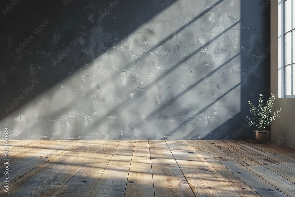 Poster 3d rendering of a grey wall and wooden floor in an empty room with a sunlight shadow on the wall.