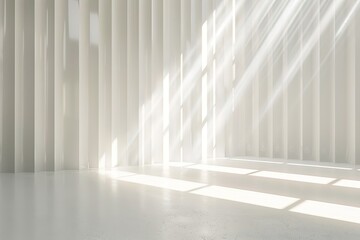 3d render of white empty stage with abstract background with vertical light rays Free Space for text --ar 3:2 Job ID: d707eb1b-6043-48a2-86da-bed6609f5070