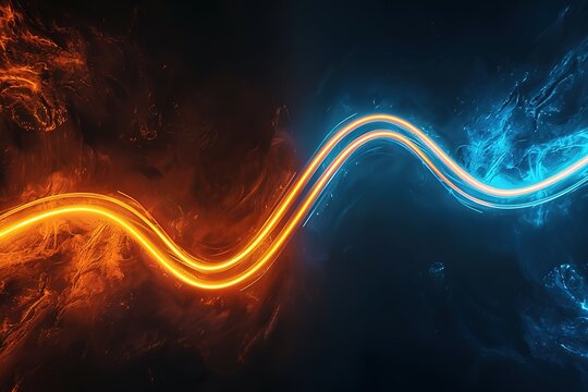 A background with two glowing lines, one orange and the other blue, moving in opposite directions on black space, creating an abstract shape.