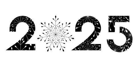 Vector. Happy new year 2025 logo text design. Black and white snowflake pattern. Design templates with 2025 typographic logo. Collection of happy new year 2025 symbols. Horizontal background.