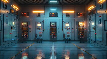 Electrical selector switch,button switch,Electrical switch gear at Low Voltage motor control center cabinet in coal power plant. blurred for background.