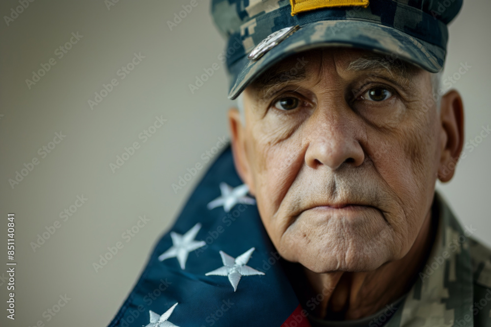 Wall mural elderly veteran wearing a military uniform is holding an american flag, his face etched with experie