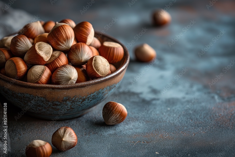 Wall mural hazelnuts in a clay bowl on a rustic background. - Wall murals