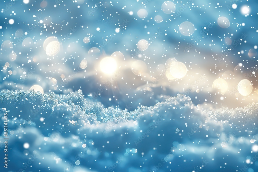 Poster a soft blue winter background with snow and bokeh lights, perfect for creating a serene atmosphere i