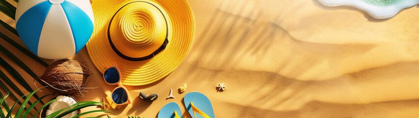Obraz premium Sand beach background banner design, summer yellow hat, beach ball, coconut leaf, sunglasses, flip flop
