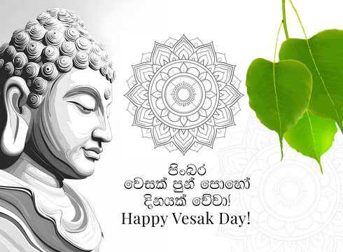 Drawing of Lord buddha with lotus flower, bo leaves,  vesak day illustration