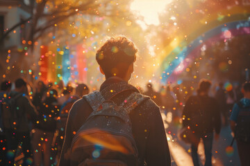 A man with a backpack is walking down a street with a rainbow in the background. The scene is lively and colorful, with many people walking around and enjoying the day