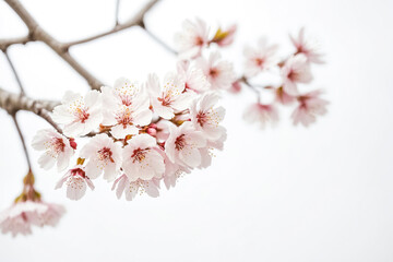 Obraz premium Delicate Pink Cherry Blossom Branch Against a White Background