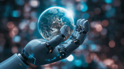 a global data networking internet globe in robotic hands, futuristic Artificial Intelligence technology managing global internet digital data 