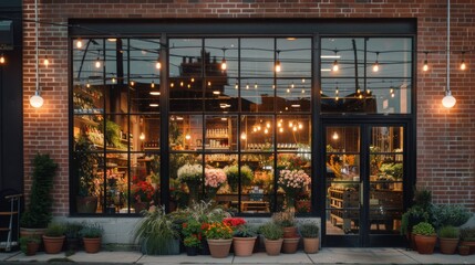 A flower shop with large windows and brick exterior is illuminated by string lights at night.