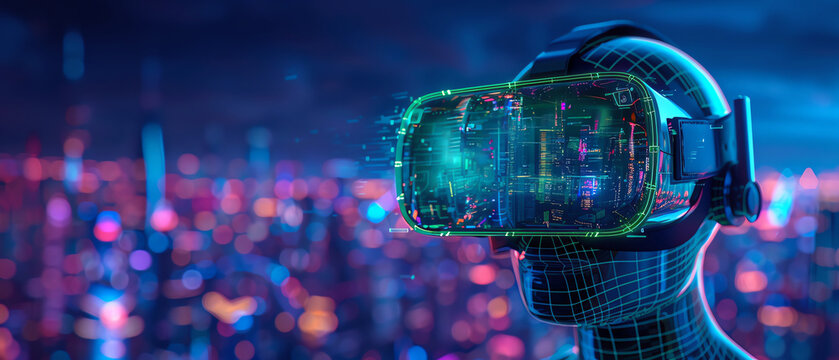 Futuristic digital concept of a humanoid figure wearing virtual reality goggles with a glowing cityscape background, showcasing technology advancements.