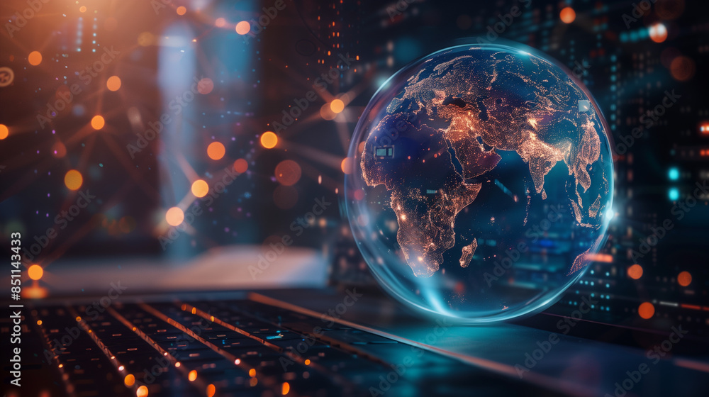 Poster a global data networking internet globe over a laptop global digital technology worldwide business n