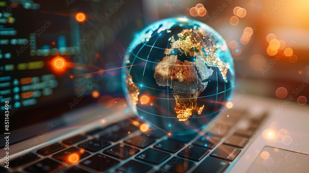 Poster a global data networking internet globe over a laptop global digital technology worldwide business n