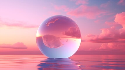 Surreal Sunset Through a Reflective Sphere Over Water