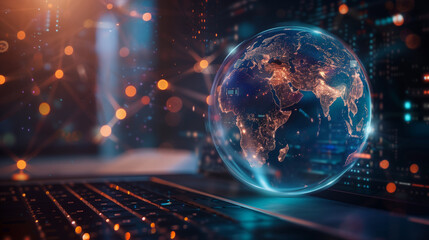a global data networking internet globe over a laptop global digital technology worldwide business networks online data 