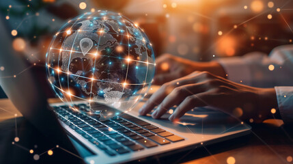 a global data networking internet globe over a laptop global digital technology worldwide business networks online data 