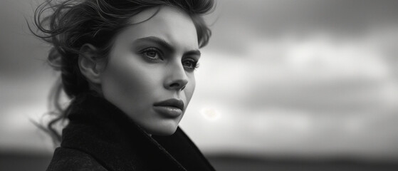 B&W scandinavian art house movie stil. A woman deep in thought, expression full of meaning and conflicted emotion. In the style of a panoramic movie still. Portrait of the main character, protagonist.