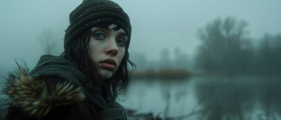 movie still from an intense drama. Portrait of a young woman in a misty foreboding landscape. Cool tones and subdued light. 