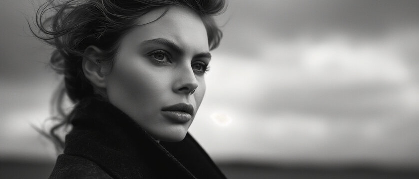 B&W scandinavian art house movie stil. A woman deep in thought, expression full of meaning and conflicted emotion. In the style of a panoramic movie still. Portrait of the main character, protagonist.