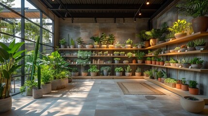 Fototapeta premium A modern plant shop with green plants on shelves.