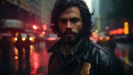 Fototapeta premium Gritty 1970's NYPD homicide detective. Undercover with a beard. A million crime stories in the big apple NYC. In the style of a panoramic movie still.