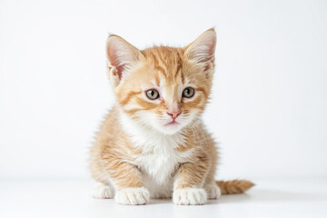 Adorable ginger kitten with white chest sitting on white background