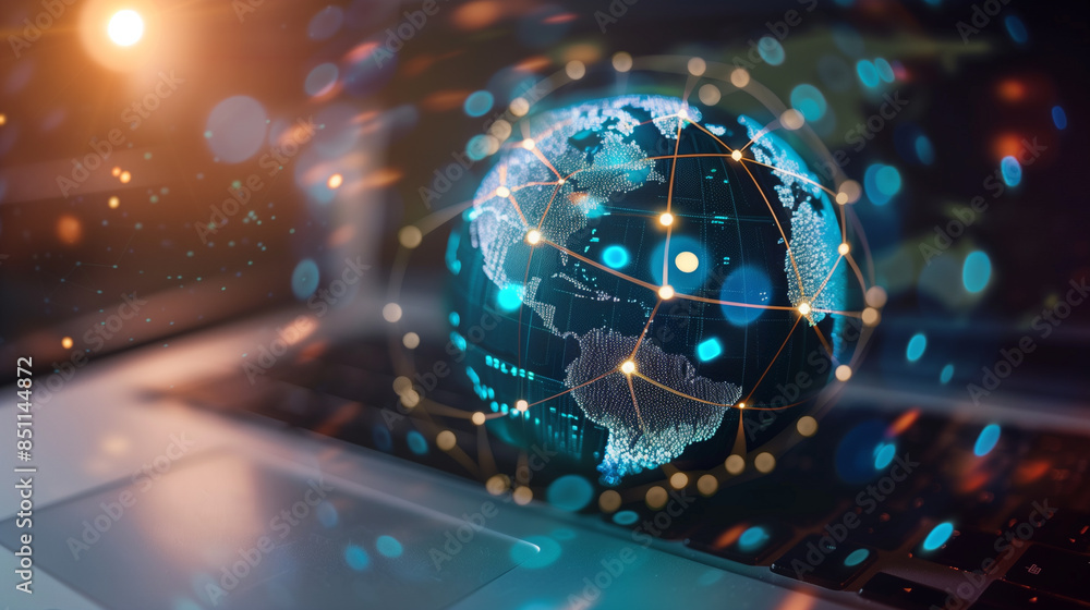 Poster a global data networking internet globe over a laptop global digital technology worldwide business n