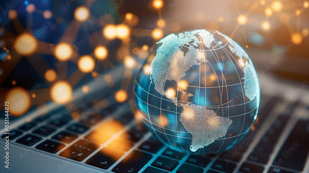 Poster a global data networking internet globe over a laptop global digital technology worldwide business n