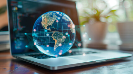 a global data networking internet globe over a laptop global digital technology worldwide business networks online data 