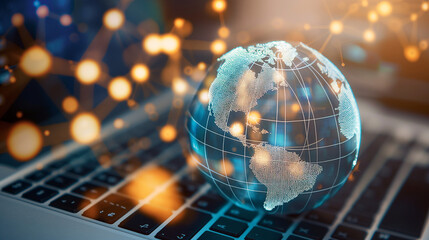 a global data networking internet globe over a laptop global digital technology worldwide business networks online data 