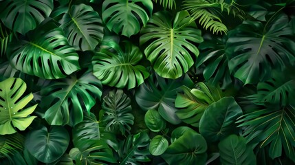 Abstract foliage and botanical background. Green tropical forest wallpaper of monstera leaves, palm leaves, branches in hand drawn pattern. Exotic plants background for banners, prints, decor, wall ar