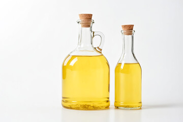 Two glass bottles of oil with cork stoppers on a white background