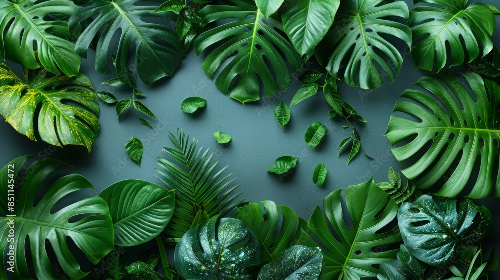 Poster a flat lay image featuring various types of green tropical leaves arranged on a blue background.