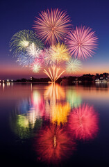 水上花火大会、鮮やかな打ち上げ花火