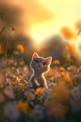 Cartoon 3D Cute Baby Gray Cat Looking Out at the Meadow