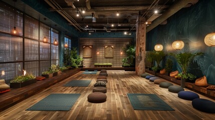 A spacious yoga studio with wooden floors, cushions arranged in rows, and a view of the city through large windows.