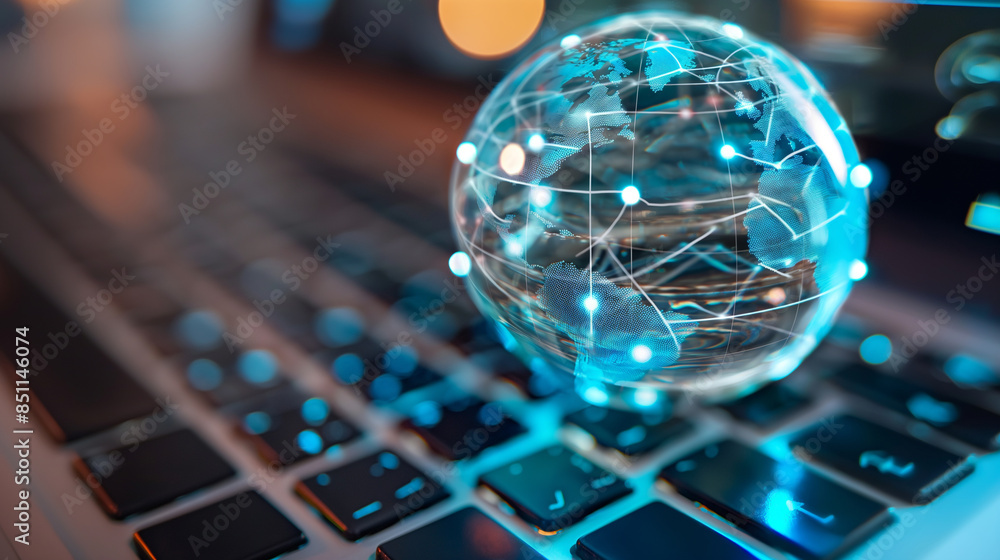 Poster a global data networking internet globe over a laptop global digital technology worldwide business n