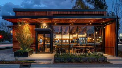 A modern restaurant with wooden facade and glass windows, warm lighting at dusk, and a cozy atmosphere with visible tables and chairs.