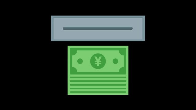 Animation of banknotes with Yen currency, coming out of an ATM machine, Alpha channel, transparent background. 4K resolution