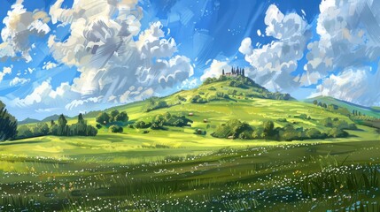 Obraz premium Hilltop Village Under a Blue Sky