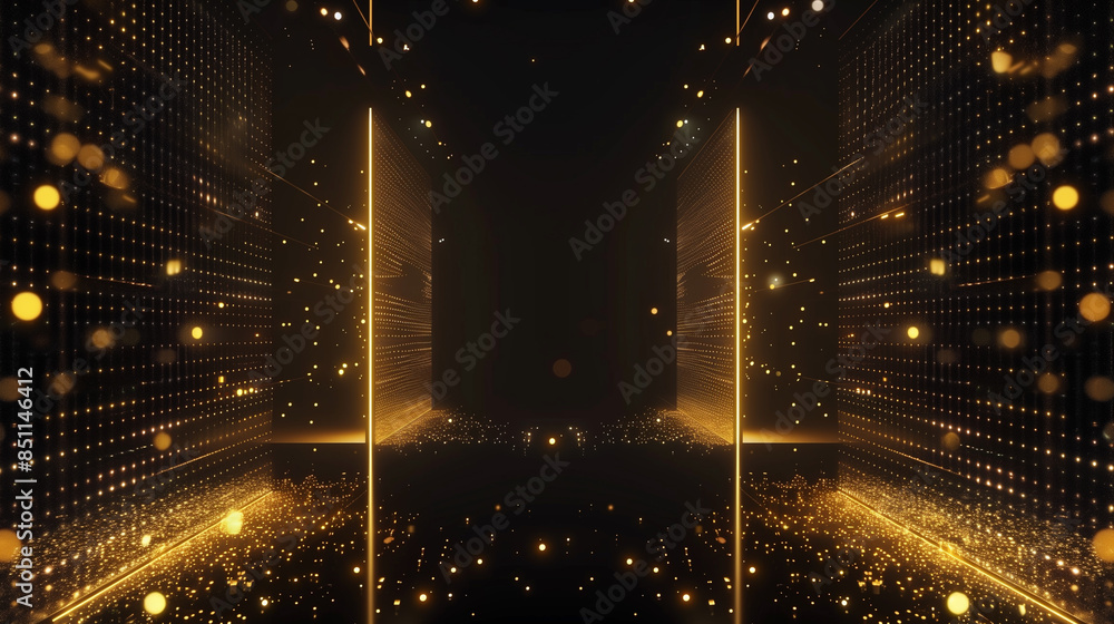 Poster a long hallway with a golden glow and a large object in the middle. the hallway is lit up with brigh