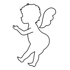 Silhouette of an illustration of a feathered child angel holding out his little finger. (Left-facing black and white coloring book)