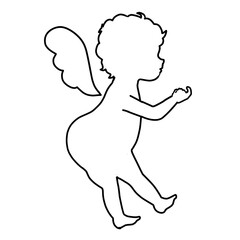 Silhouette of an illustration of a feathered child angel holding out his little finger. (Right-facing black and white coloring book)