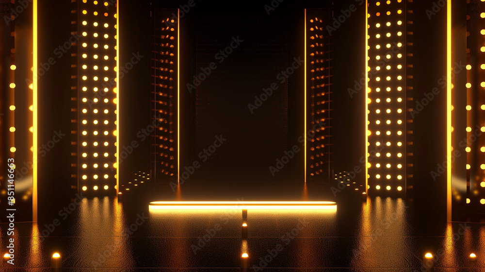Poster a long hallway with a golden glow and a large object in the middle. the hallway is lit up with brigh