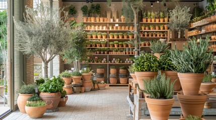 Fototapeta premium A display of potted plants in a greenhouse with various sizes and species. The shelves are full of different plants in terracotta pots, and a variety of plants are also displayed on the floor.