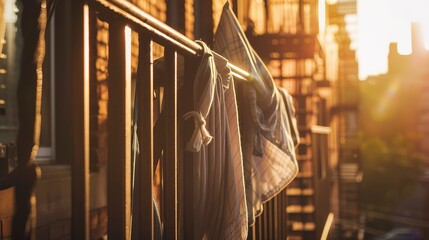 Naklejka premium Fire escape railing with hanging laundry, close-up, soft sunlight, textured metal, everyday life, cozy feel. 