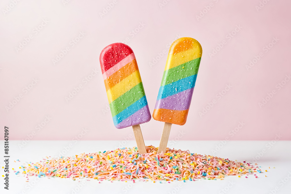 Wall mural Rainbow Ice Cream Popsicles on a Bed of Colorful Sprinkles