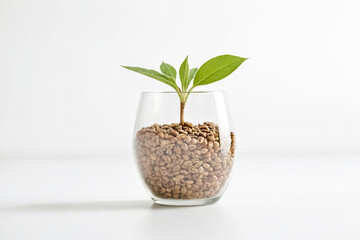 Green Plant Sprouting From Coffee Beans In Glass