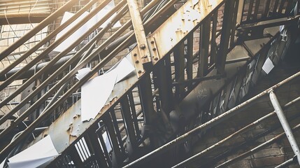 Obraz premium Fire escape steps with scattered documents, close-up, bright natural light, gritty texture, busy workday, urban office. 